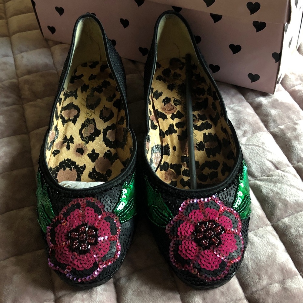 Beverly Feldman Black Flats with Pink Sequin Flower and Green Leaf Accents